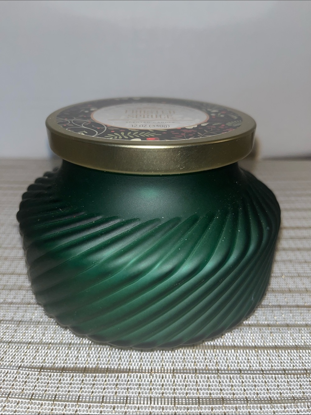 Millwood Pines Green Swirl Glass Jar Candle with Gold Lid Frosted Spruce